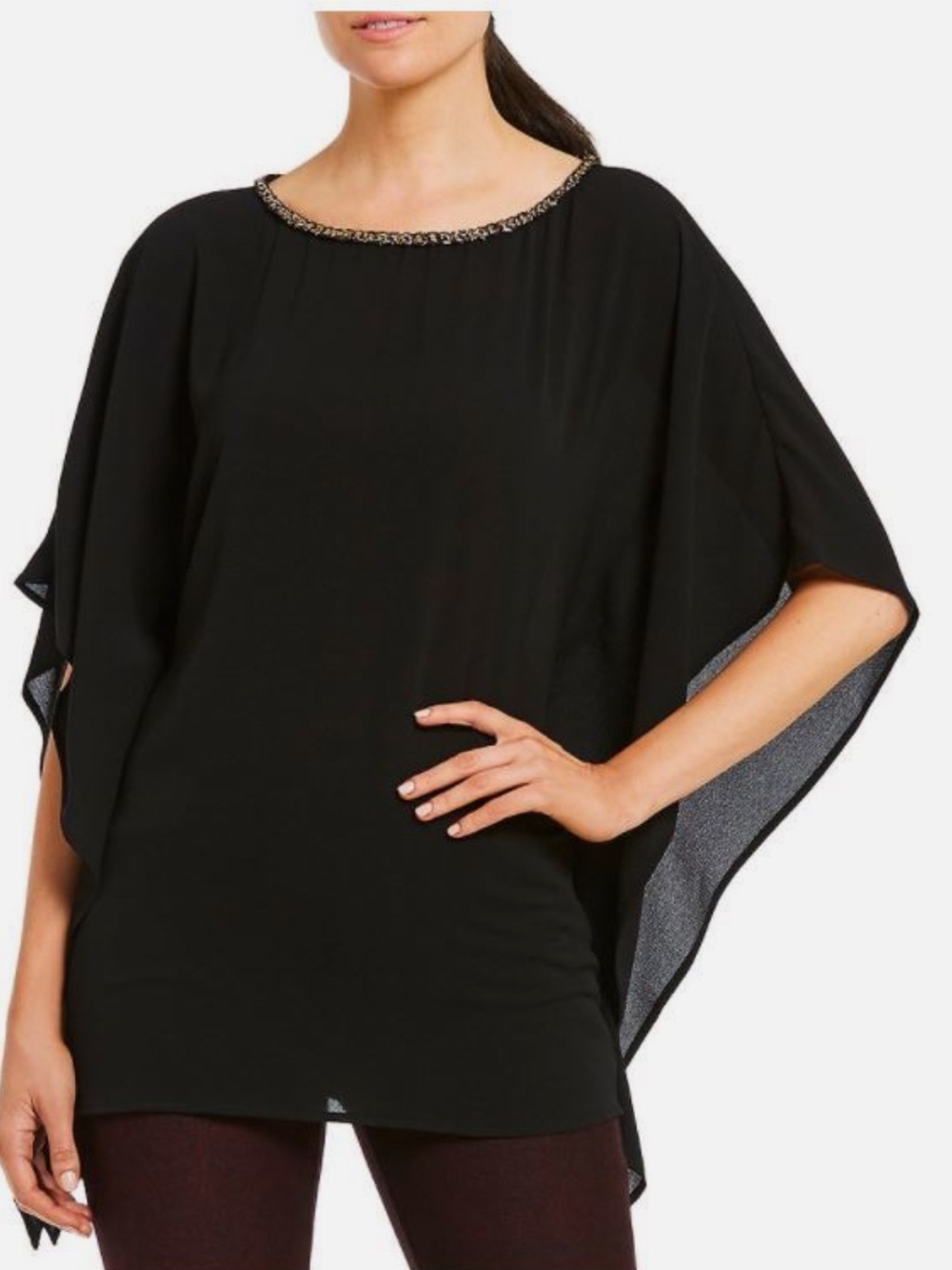 Michael Kors Gold Chain Neck Sheer Overlay Poncho Blouse Black IX